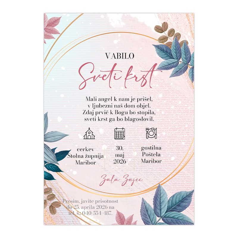 Nežno vabilo za krst deklice – elegantno personalizirano vabilo